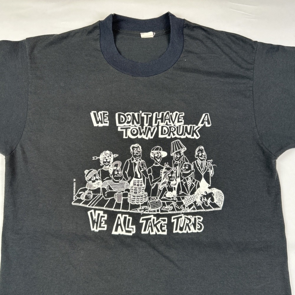 VTG 80s Bloopers T Shirt Sz L TOWN DRUNK Cartoon Black Graphic Single Stitch